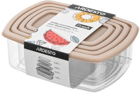 Набір контейнерів для зберігання харчових продуктів ARDESTO Fresh 0.25/0.5/0.75/1.2л, пластик, прямокутна, бежевий AR1312B фото