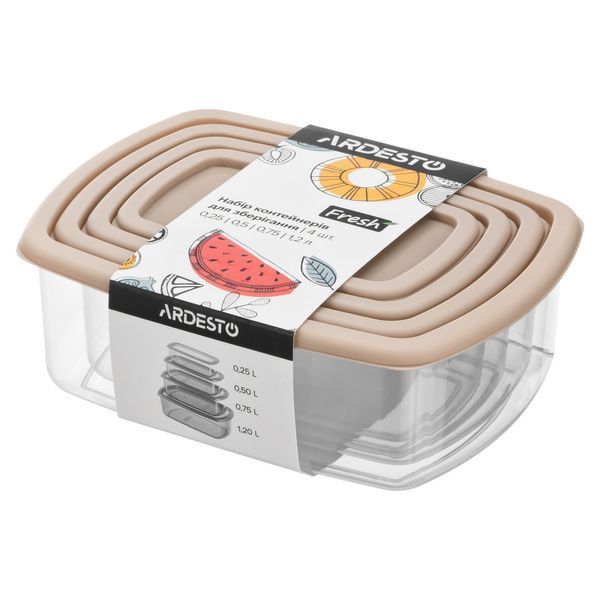 Набор контейнеров для хранения пищевых продуктов ARDESTO Fresh 0.25/0.5/0.75/1.2л, пластик, прямоугольная, бежевый AR1312B фото