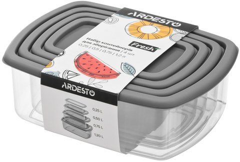 Набір контейнерів для зберігання харчових продуктів ARDESTO Fresh 0.25/0.5/0.75/1.2л, пластик, прямокутна, сірий AR1312R фото