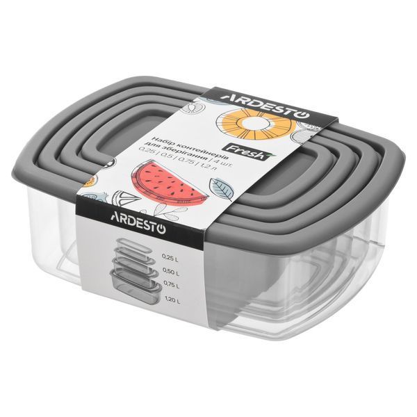 Набір контейнерів для зберігання харчових продуктів ARDESTO Fresh 0.25/0.5/0.75/1.2л, пластик, прямокутна, сірий AR1312R фото