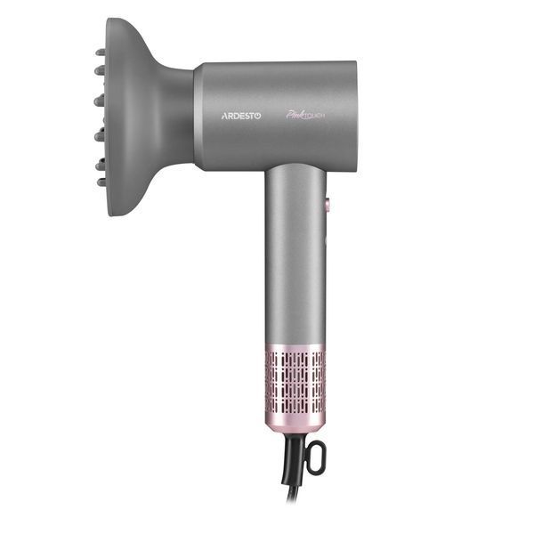 Фен ARDESTO Pink Touch, 1600Вт, 2 швидкості, 3темп.режими, іонізація, дифузор, магнітні насадки, сірий+рожевий HD-R300PT фото