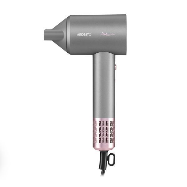Фен ARDESTO Pink Touch, 1600Вт, 2 швидкості, 3темп.режими, іонізація, дифузор, магнітні насадки, сірий+рожевий HD-R300PT фото