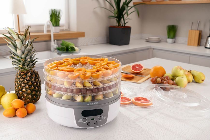 Сушарка для продуктів ARDESTO FDB-5321T, 250Вт, піддонів -5x3см, діаметр-32см, макс-70°С, таймер, електр. управління, пластик , білий FDB-5321T фото