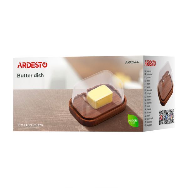 Масленка Ardesto Midori 15х10.8х7.5см,боросилікатне стекло, дерево, прозрачный AR0944 фото