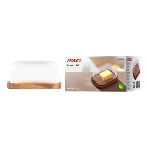 Масленка Ardesto Midori 15х10.8х7.5см,боросилікатне стекло, дерево, прозрачный AR0944 фото