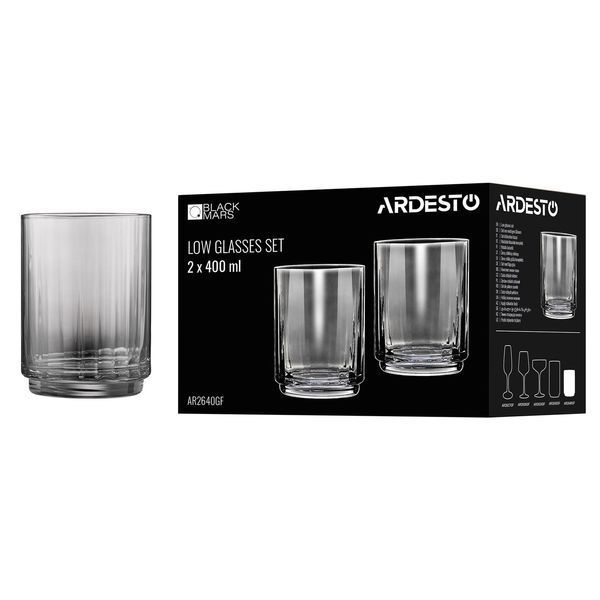 Набір склянок низьких ARDESTO Black Mars Alcor 400мл, 2шт, скло, сірий AR2640GF фото