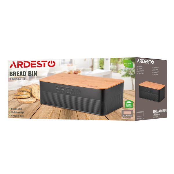 Хлібниця ARDESTO Midori 33х18х12см, метал, бамбук, чорний AR0912BB фото