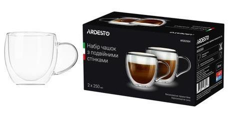 Набір чашок з ручками з подвійними стінками ARDESTO, 250мл, 8.2см, 2шт, боросилікатне скло, прозорий AR2625GH фото