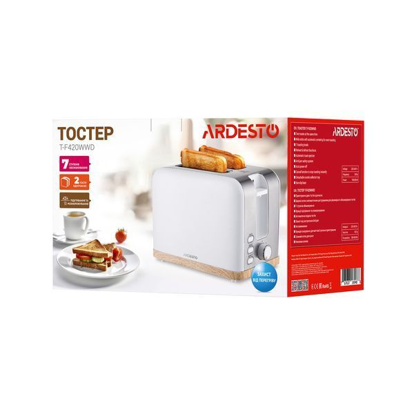 Тостер ARDESTO Wood Modern, 800Вт, метал, 2 слоти, білий T-F420WWD фото