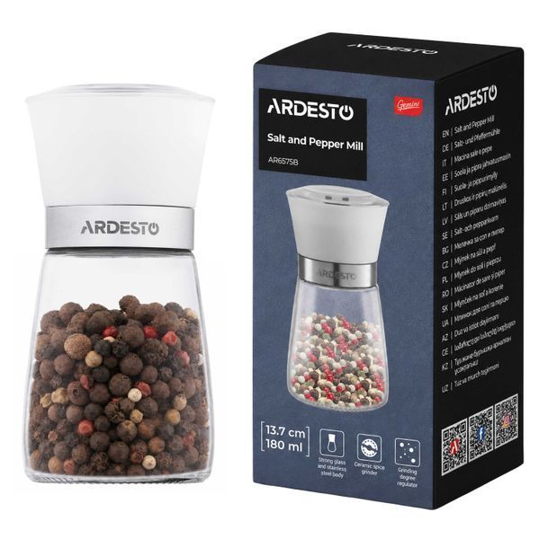 Мельница для соли и перца Ardesto Gemini, 180 мл, стекло, нержавеющая сталь, прозрачный AR6575B фото