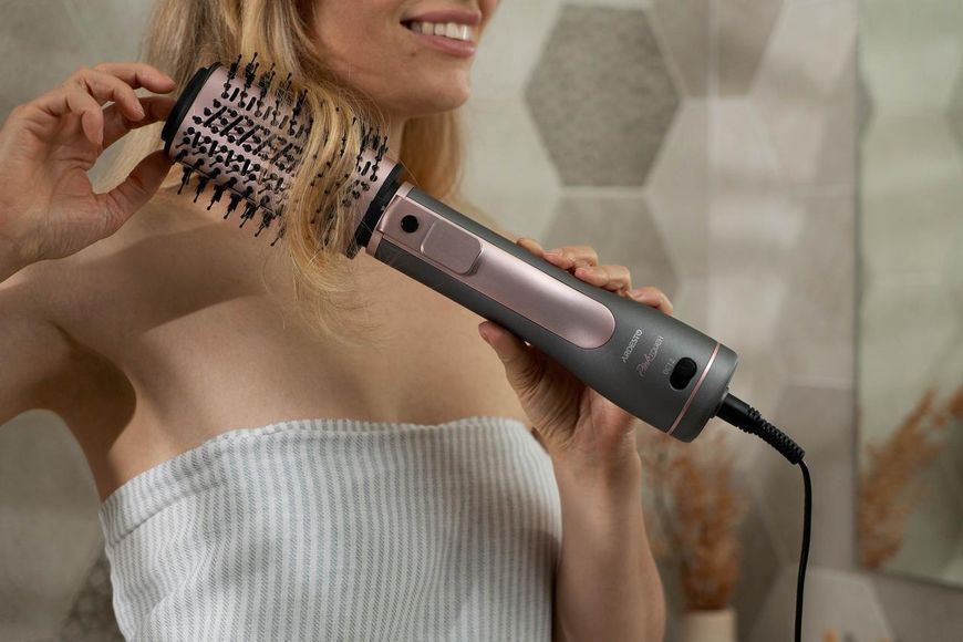 Фен-щітка ARDESTO Brush Pink Touch, 1200Вт, 2 швидкості, 2 темп. режими, LED-дисплей, функція іонізації , 4 насадки, сірий+ рожевий HD-CR300PT фото