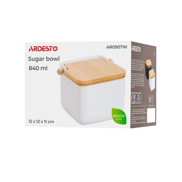 Цукорниця ARDESTO Midori 12х12х11см, 840мл, кераміка, бамбук, біла AR0907W фото