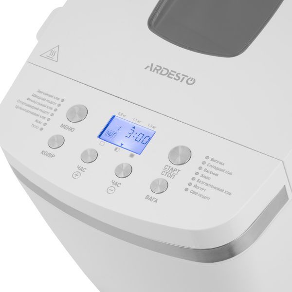 Хлібопічка ARDESTO 850Вт, програм-13, макс.вага -1.3кг, форма прямокутник, пластик, білий BM-D1500W фото