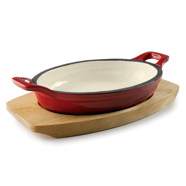 25852 Пательня чавунна емальована з двома ручками17,5х12,5х3 см на дерев'яній підставці