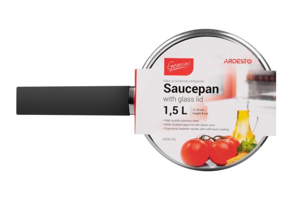 Ківш Ardesto Gemini Trento, скляна кришка, 1.5 л, нержавіюча сталь