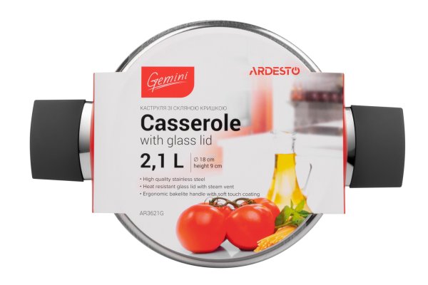 Каструля Ardesto Gemini Trento, скляна кришка, 2.1 л, нержавіюча сталь