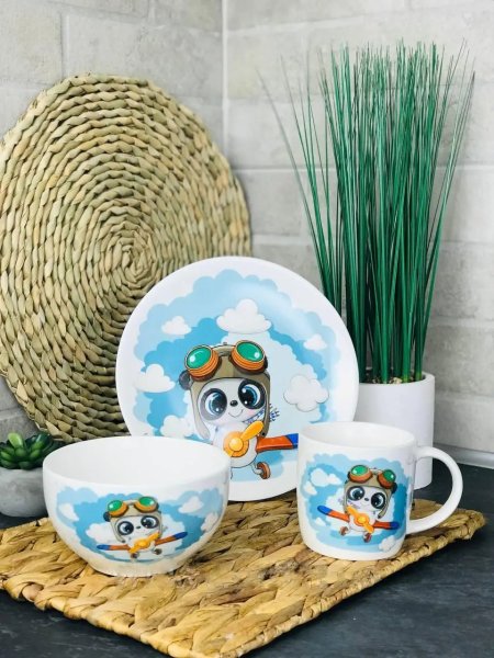 Набір дитячого посуду Ardesto Panda pilot 3 пр., порцеляна
