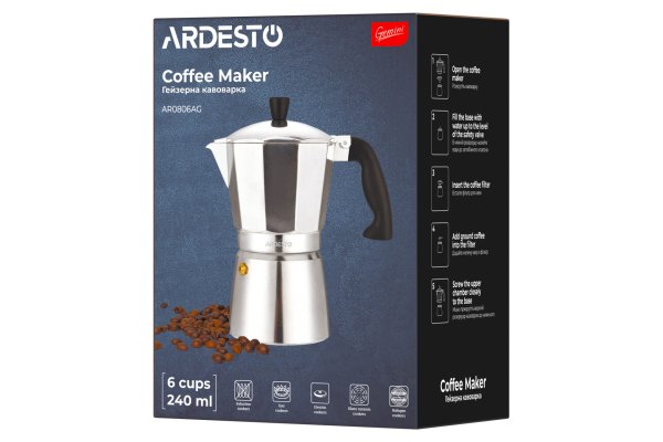 Гейзерна кавоварка Ardesto Gemini Cremona, 6 чашок, алюміній