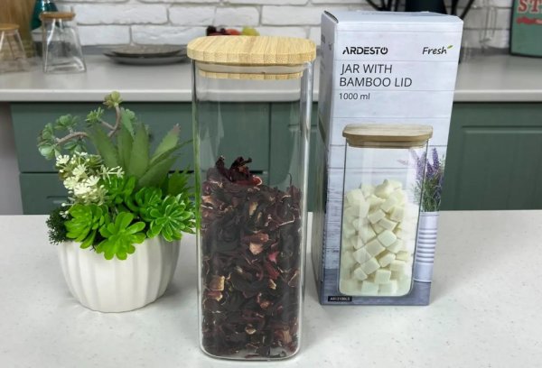 Банка для зберігання Ardesto Fresh, квадратна, 1000 мл, скло, бамбук
