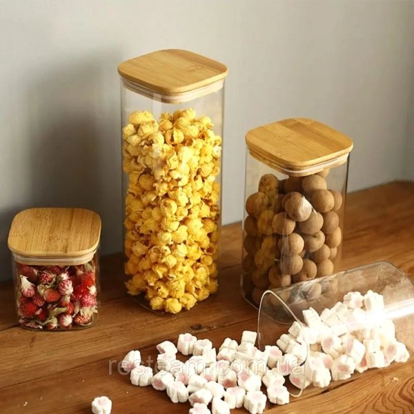 Банка для зберігання Ardesto Fresh, квадратна, 480 мл, скло, бамбук