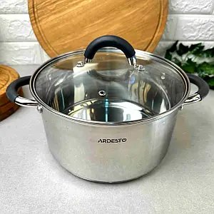 Каструля Ardesto Gemini Salerno, скляна кришка, 0.8 л, сірі ручки з силіконом, нержавіюча сталь