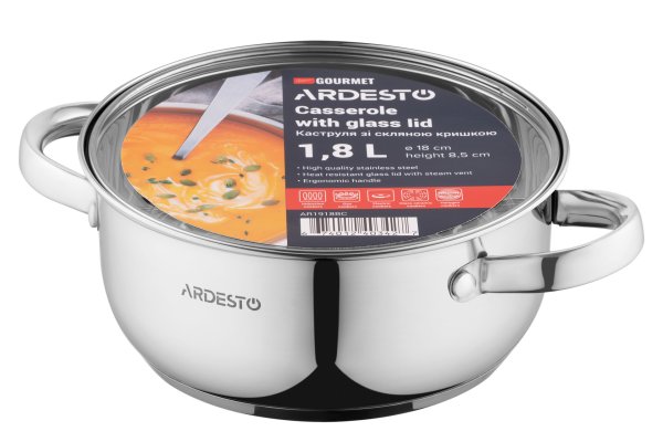Каструля Ardesto Gemini Gourmet Aosta, скляна кришка, 1.8 л, нержавіюча сталь