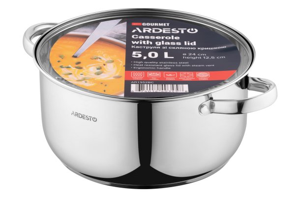 Каструля Ardesto Gemini Gourmet Aosta, скляна кришка, 5 л, нержавіюча сталь