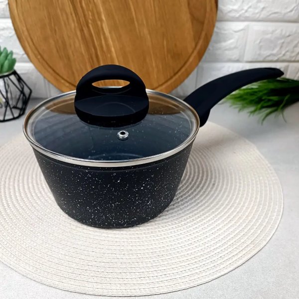 Ківш Ardesto Gemini Anzio, скляна кришка, 1.2 л, чорний, алюміній