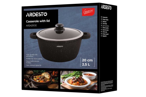 Каструля Ardesto Gemini Anzio, скляна кришка, 20 см, 2,5 л, чорний, алюміній