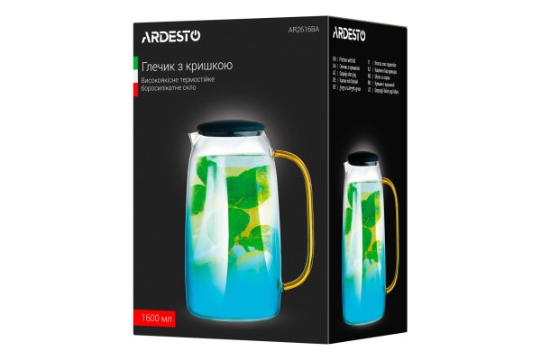 Глечик Ardesto Blue Atlantic з кришкою, 1600 мл, боросилікатне скло, силікон