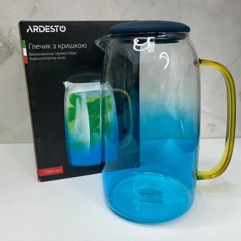 Глечик Ardesto Blue Atlantic з кришкою, 1600 мл, боросилікатне скло, силікон
