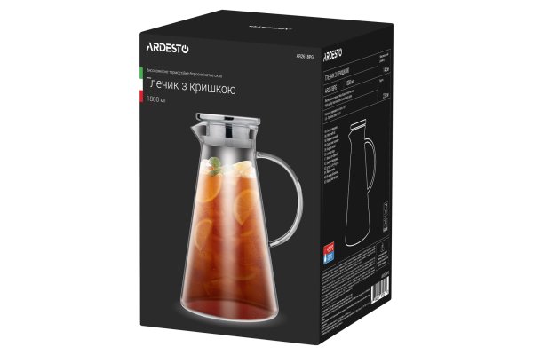 Глечик Ardesto з кришкою, 1800 мл, боросилікатне скло, нержавіюча сталь