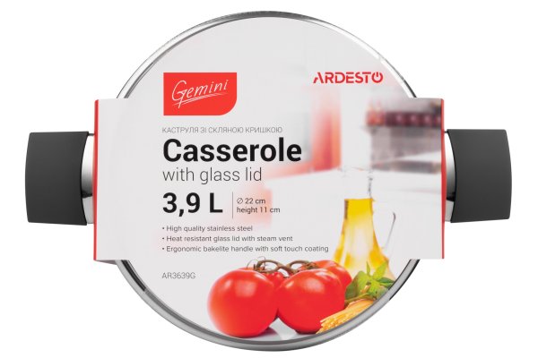 Каструля Ardesto Gemini Trento, скляна кришка, 3.9 л, нержавіюча сталь