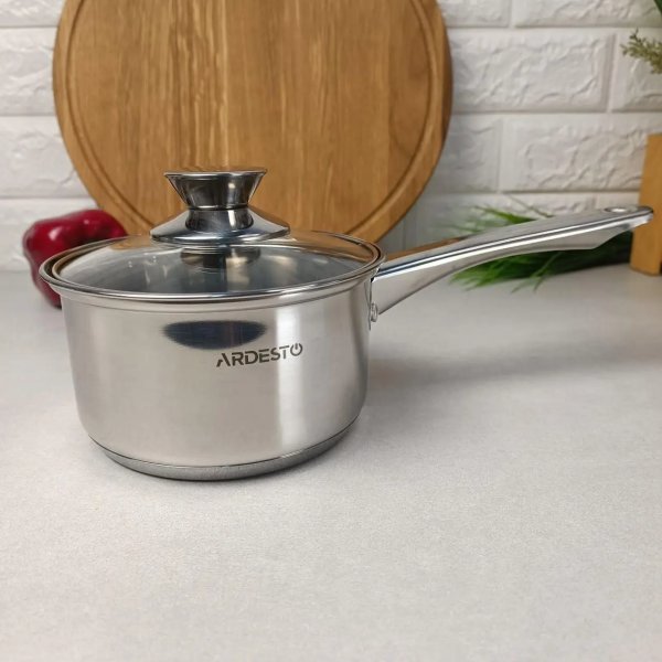 Ківш Ardesto Gemini Foggia, скляна кришка, 0.7 л, нержавіюча сталь